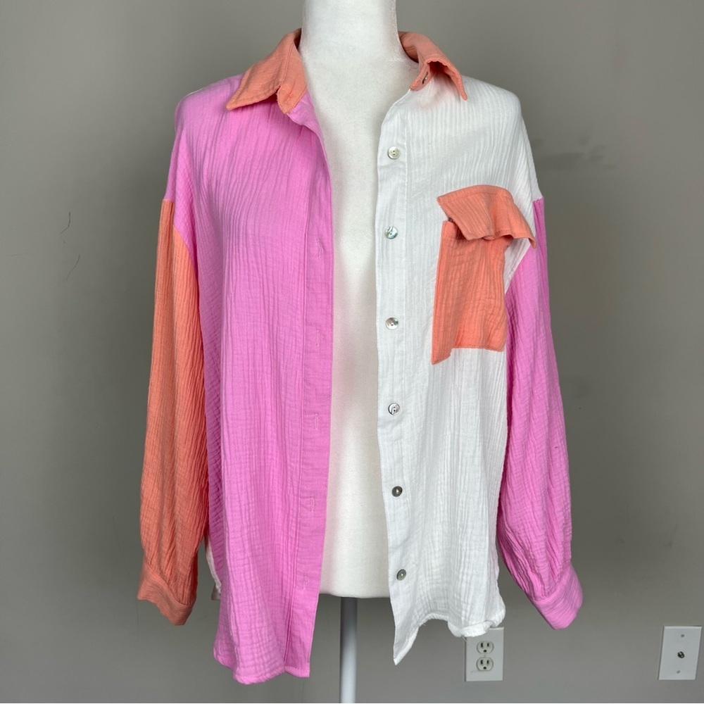 ENTRO COLOR BLOCK BUTTON UP COLLARED COTTON GAUZY TOP SIZE SMALL - Picture 4 of 15